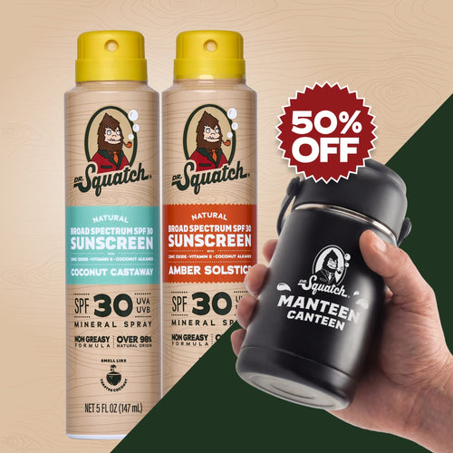 Two Dr. Squatch Natural Broad Spectrum SPF 30 mineral sunscreen sprays, Coconut Castaway and Amber Solstice, beside a hand holding a black Dr. Squatch Manteen Canteen. 50% off.